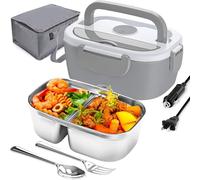 Uezeth 80W Gamelle Chauffante Electrique, 1.5L Lunch Box Chauffante, 12V/24V/220V, Acier Inoxydable DéTachable, Avec Sac Isolant, CuillèRe Et Fourchette, Pour Bureau, éCole, Voiture, Camion, Voyage