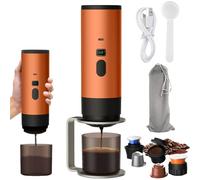 Uezeth Cafetière Portable 3 en 1 à Capsules et Café Moulu, 15 Bar Cafétière à capsules, USB Machine à Café, Eau Froide/Chaude Acceptée, pour Voyage, Camping, Bureau (Orange+étagère)