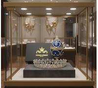 Œuf de Fabergé antique fabriqué à la main - Œuf de Fabergé musical en soie - Intérieur en soie + pièce d'argent + diadème de princesse de Galles - Collection d'œufs de Fabergé en cristal autrichien -