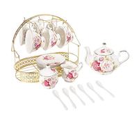 ufengke 15 Pièces Européen Ensembles de Thé en Céramique,Bone China Service à Café avec Support en Métal,Pot de Thé à la Citrouille