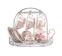 ufengke 15 Pièces Européen Vintage Service À Thé Porcelaine avec Titulaire en Métal, Motif de Camellia Rose et Jante Dorée Service À Café,pour Cadeau et Ménage, Bureau, Mariage