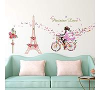 ufengke Stickers Muraux Fille Vélo Autocollant Mural Fleurs Tour Eiffel pour Chambre Enfants Salon Décoration Murale