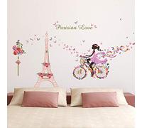ufengke Stickers Muraux Fille Vélo Autocollant Mural Fleurs Tour Eiffel pour Chambre Enfants Salon Décoration Murale
