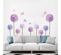 ufengke Stickers Muraux Pissenlits Violet Autocollants Mural Fleurs Papillons pour Chambre Enfants Fille Pépinière Salon Décoration Murale