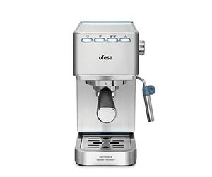 UFESA CE8020 Capri Machine à Café Expresso et Capuccino, 20 Bars, 1350W, Système Thermoblock, Buse Vapeur, 2 Modes: Café Moulu ou Dosettes, Réservoir d'1.4L, 1 ou 2 Tasses, Arrêt Automatique, Inox