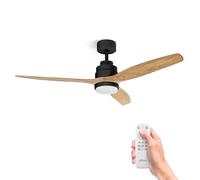 UFESA CFNP Ventilateur de Plafond avec Lumière, 40W, 6 Vitesses, Silencieux, 3 Pales en bois Naturel 132cm, Fonction été - hiver, Minuterie 8h, 3 Niveaux de Lumière, Télécommande, Nero-Bois Clair