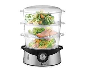 Ufesa CV4000 Cuiseur Vapeur 800W, 3 Plateaux Empilables, Capacité 9L, Minuterie de 60min, Inclus Bol de Riz de 1L, Sans BPA, Inox