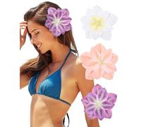 Ufgin Lot de 3 pinces à cheveux en forme de fleur hawaïenne pour femme - Lotus - Fleur d'hibiscus artificielle - Barrettes à cheveux pour fête de plage (violet + blanc + orange)