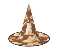 UFhgjjb 1 chapeau de sorcière d'Halloween - Moulin à vent au crépuscule avec imprimé complet de sorcières pour décoration de fête, cosplay, jeu de rôle, festival, carnaval