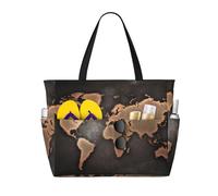 UFhgjjb Sac fourre-tout de grande capacité - Imprimé drapeau américain - Sac de plage de voyage avec plusieurs poches pour les vacances, le camping, les croisières, Carte du monde rouillée, Taille