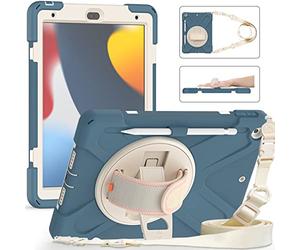 UFinetech Coque iPad 9eme Generation, Coque iPad 10.2, iPad 8eme/7eme Generation, Support/Dragonne Rotation à 360° Bandoulière Porte-Crayon, Antichoc Étui Housse Enfants iPad 2021/2020/2019, Bleuet