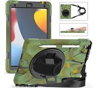 UFinetech Coque pour iPad 9eme Generation, Coque pour iPad 10.2, 8eme/7eme Generation, Support/Dragonne Rotation à 360° Bandoulière Porte-Crayon, Antichoc Étui pour iPad 2021/2020/2019, Camouflage