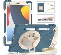 UFinetech Coque pour iPad 9eme Generation, Coque pour iPad 10.2, 8eme/7eme Generation, Support/Dragonne Rotation à 360° Bandoulière Porte-Crayon, Antichoc Étui pour iPad 2021/2020/2019, Bleuet