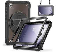 UFinetech Coque pour Samsung Galaxy Tab A9 2023 8.7", Étui Antichoc, Support Rotatif 360° et Bracelet, Emplacement pour Stylet, Sangle Épaule, Compatible SM-X110/X115/X117, TPU PC Hybride, Noir