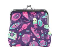 UFO Aliens Rockets Cartoon Purple Porte-monnaie en cuir étanche pour femme Mini étui cosmétique pour femme