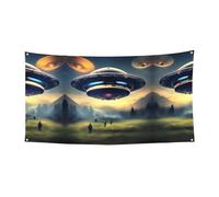 UFO Landing Bannière imprimée à suspendre - 177,8 x 88,9 cm - Bannière de fête de Noël - 180 x 90 cm