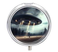 UFO Landing - Pilulier rond à 3 compartiments avec miroir - Pilulier portable pour poche ou sac à main - Cadeau de voyage