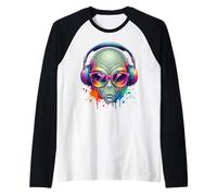 UFO UAP Alien Portant des écouteurs et des Lunettes de Soleil EDM Rave Art Manche Raglan