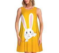 Œufs de lapin de Pâques Printemps Fleur Lapin Imprimée Robe d'été décontractée pour femme, robe gilet, jupe de vacances de plage, robe ronde sans manches tendance, Noir , XXL
