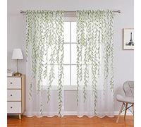 Ufurty Lot de 2 Rideaux de fenêtre en Tulle avec Feuilles de Saule pour Salon, Chambre à Coucher, Balcon (Feuille Verte, 100 x 200 cm)