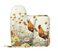 Ufuson Lot de 2 gants de cuisine et maniques Motif poule parmi les fleurs - Résistants à la chaleur - Antidérapants et lavables - Pour cuisine, pâtisserie, barbecue