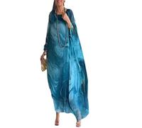 UFZKOOEP Robe imprimée en Mousseline de Soie pour Femmes, col Rond, Robe Cape Fluide à Manches Longues, Jupe imprimée (M,Blue)