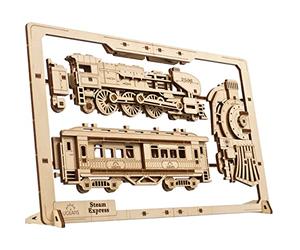 UGEARS 2.5D Steam Express encadré - Kit de modèle de Train Classique en Bois avec Roues Mobiles, mécanismes et Portes - Kits de modèle de Puzzle en Bois de Train à Vapeur pour Adultes - Décoration