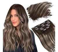 Ugeat Extension Cheveux Naturel Clip Balayage Marron Brun Clair 35cm Humain Extension a Clip Cheveux Naturel Humain Brun a Blonde Ombre Cendrée Invisible Lisse 90G 14Pouce 4/18/4
