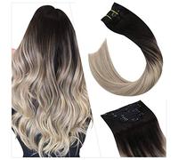 Ugeat Extension Cheveux Naturel Clip Ombre Noir Blond Blanc 55cm Humain Extension a Clip Cheveux Naturel Humain Noir Balayage Blond Platine Invisible Lisse 105G 22Pouce BA1B/60A