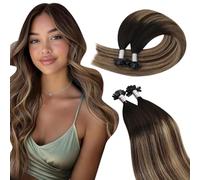 Ugeat Extension Cheveux Naturel Keratine Balayage Noir à Brun Foncé avec Blond Caramel 40 CM Extension Cheveux Keratine Humain Noir Ombre Brun 50g 50s 16 Pouces 1B-4-27