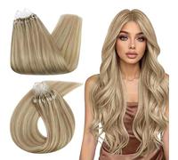 Ugeat Extension Cheveux Naturel Loops à Froid Blond Doré 60cm Humain Extension Cheveux Naturel à Froid Micro Ring Blond Moyen Highlight Lisse Invisible 50G 50S 24Pouce P16/22
