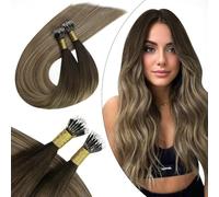 Ugeat Extension Nano Ring Cheveux Naturel Humain Lisse Ombre Marron Foncé À Blond Foncé Avec Blond Doré Extension Nano Loop Brun Balayage 50G 35CM #4/10/16