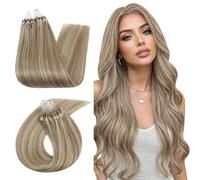 Ugeat Extensions capillaires à micro-anneaux - Brun clair et blond - 35 cm | Extensions de cheveux humains à micro-anneaux, marron clair avec mèches blond platine, légères et soyeuses