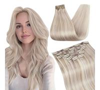 Ugeat Lot de 9 extensions de cheveux humains à clips - Couleur piano, blond cendré nº 18, blond décoloré nº 613, pour tête complète, 35,6 cm, 120 g.