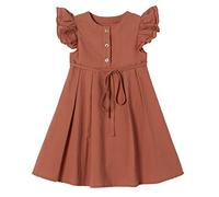 Ugitopi Robe Décontractée en Coton et Lin pour Fille Manchon Flutter Caramel 130