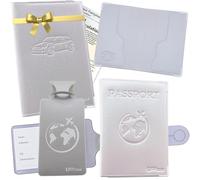 Ugozen Coffret Cadeau LUXÉO Ensemble Premium : Protège Passeport + 2 Etiquettes Bagage + Pochette Carte Grise + Etui Carte Bancaire. Gris