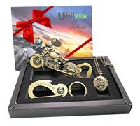UGOZEN Coffret Idée Cadeau Motard : Ouvre Bouteille Décapsuleur à Bière Moto, Mousqueton, Montre a Gousset.