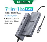 UGREEN 10Gbps USB C HUB 4K60Hz type-c vers HDMI RJ45 PD100W SD & TF adaptateur USB pour Macbook iPad Samsung accessoires d'ordinateur portable Docking - Type 10Gbps 7-in-1 2HDMI