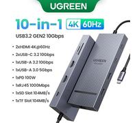 UGREEN 13-en-1 HUB USB-C Triple Affichage 4K touristes HDMI DP 10Gbps USB3.2 PD100W SD/TF Station d'accueil pour MacPlePro Air Dell XPS - Type 10-in-1 10G 4K60Hz