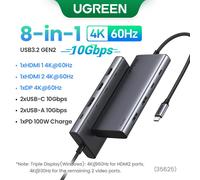 UGREEN 13-en-1 HUB USB-C Triple Affichage 4K touristes HDMI DP 10Gbps USB3.2 PD100W SD/TF Station d'accueil pour MacPlePro Air Dell XPS - Type 8-in-1 10G 4K60Hz