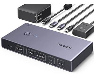 UGREEN KVM Switch HDMI2.0 Commutateur KVM DP 4K 60Hz 2 Entrées 2 Sories avec 3 Ports USB A USB C 3.0 5Gbps PD 100W pour MacBook Pro Mac Mini M4 Clavier Souris Disque Dur avec Contrôleur de Bureau