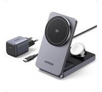UGREEN MagFlow 3 en 1 Qi2 15W Chargeur Induction iPhone Pliable Compatible avec MagSafe iPhone 16 15 14 13 12 Plus Pro Max AirPods 4 3 Pro 2 iWatch Chargeur sans Fil Prise Secteur Câble USB C