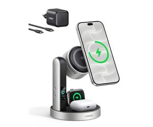 UGREEN MagFlow Pro 3 en 1 Chargeur Induction Qi2 25W, Ventilateur TEC | Compatible avec iPhone 18-12 Air/Plus/Pro/Max, iWatch 12-6/Ultra 2/Ultra/SE 2/SE, AirPods 5 4/3/2/Pro 2 1, Adaptateur Inclus
