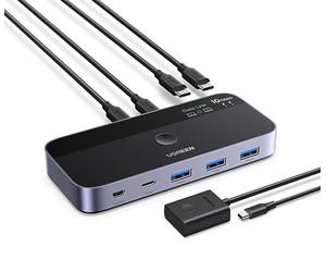 UGREEN Switch USB C 3.2 10Gbps Commutateur pour 2 PC Entrées 4 Sorties Synchronisation de Fichiers pour Clavier Souris avec Contrôleur du Bureau et Câbles Inclus