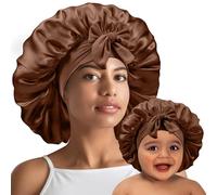 UHBYJM Lot de 2 bonnets Mommy and Me en soie pour enfants et femmes, bonnet de nuit en satin avec bande élastique à nouer, bonnet de couchage réglable pour femmes, filles, enfants (café)