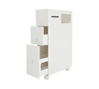 UHDUIG Armoire de salle de bain fine BG231 44 x 19,5 x 74 cm avec tiroir, couvercle pliable et roues universelles verrouillables, résistante et peu encombrante pour salle de bain, WC et salon
