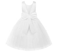 Uhnice Robe de Demoiselle d'honneur Fille Robe Princesse en Tulle sans Manches Dos en V avec Nœud Robe de Cérémonie pour Mariage Anniversaire (Blanc, 6-7/130)