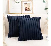 Uhomy Housses de coussin décoratif en fausse fourrure peluche 16x16 Lot de 2 Luxe Super Douces Moelleuses Bleu Foncé Rayées pour Canapé, Lit, Fauteuil, Salon, Bleu Marine 40x40 cm