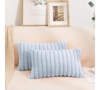 Uhomy Lot de 2 housses de coussin décoratives en fausse fourrure et en peluche, bleu clair rayé, taie d'oreiller douce et pelucheuse pour canapé, salon, chambre à coucher, 30 x 50 cm, bleu lac