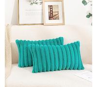 Uhomy Lot de 2 housses de coussin décoratives en fausse fourrure rayée de luxe super douce et moelleuse pour canapé, chambre à coucher, turquoise vert 30,5 x 50,8 cm